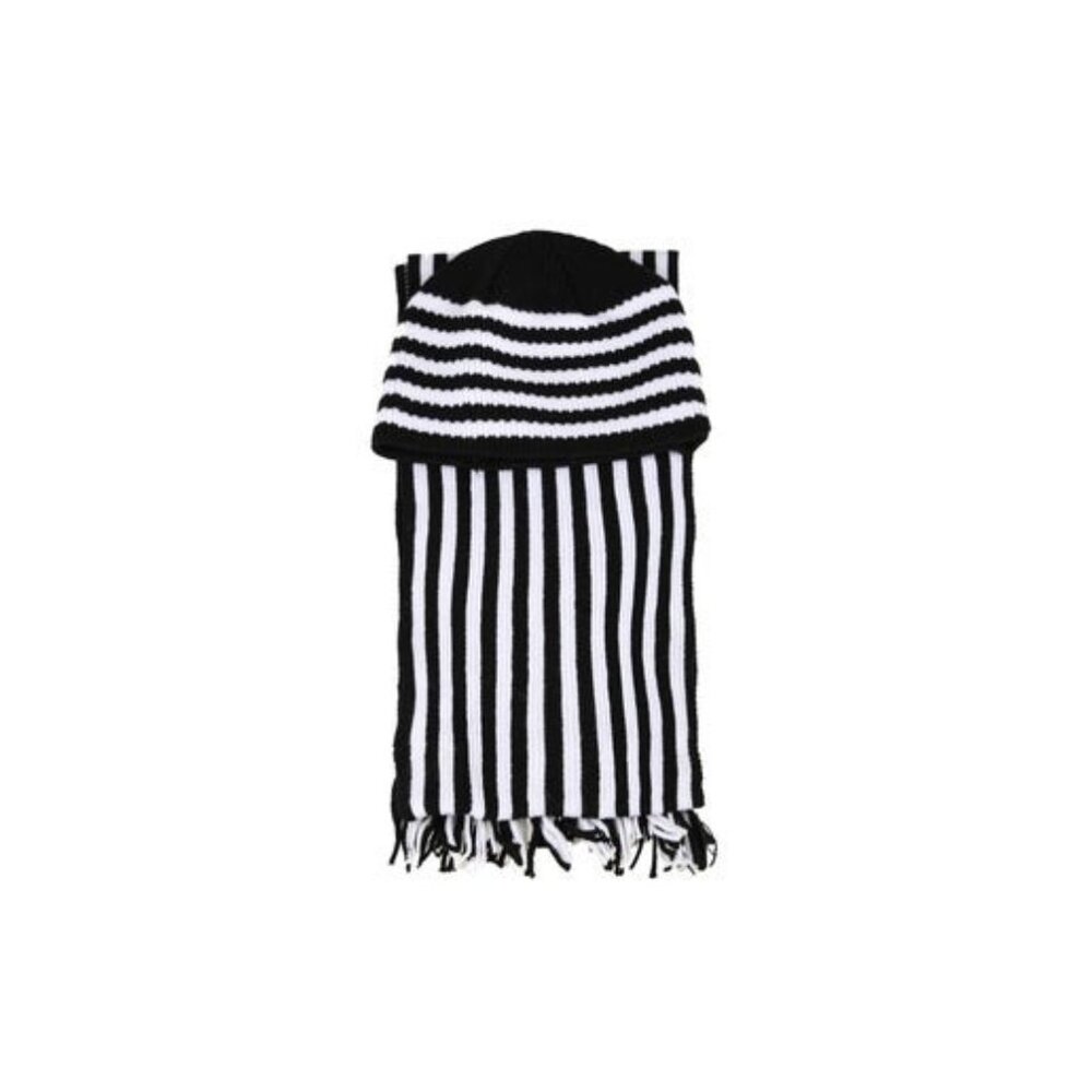 Striped Black & White Knit Beanie And Scarf Set For Adults